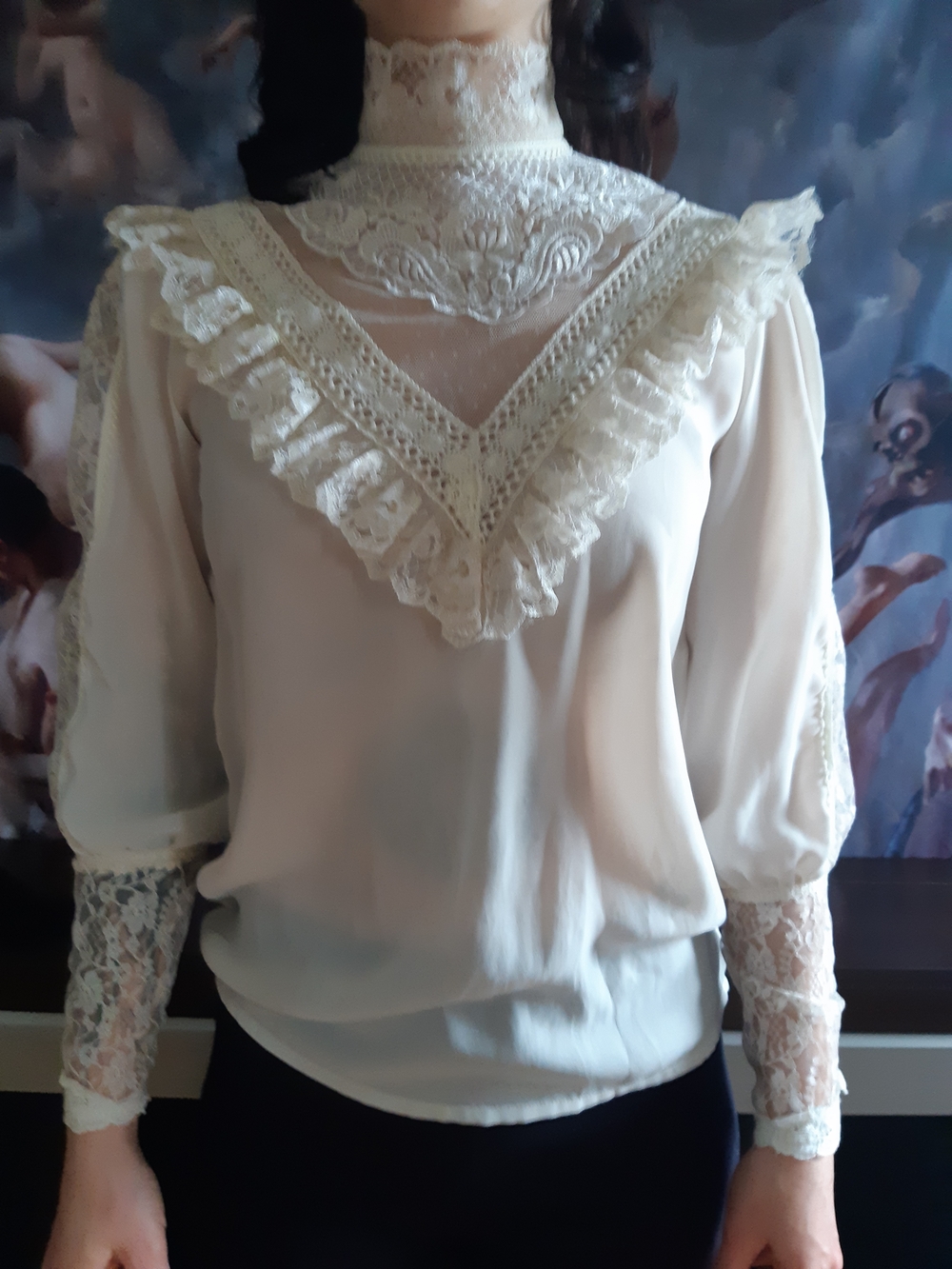 Vintage Ivory /cream Lace High-Neck Victorian Blouse